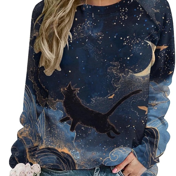 Yala Tops - Cat Starry Night Women's Long-sleeved Top, M
